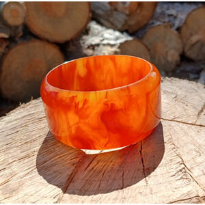 Vintage Bakelite Wide Marble Swirl Bangle 1.5” Orange & Red, Simichrome Tested